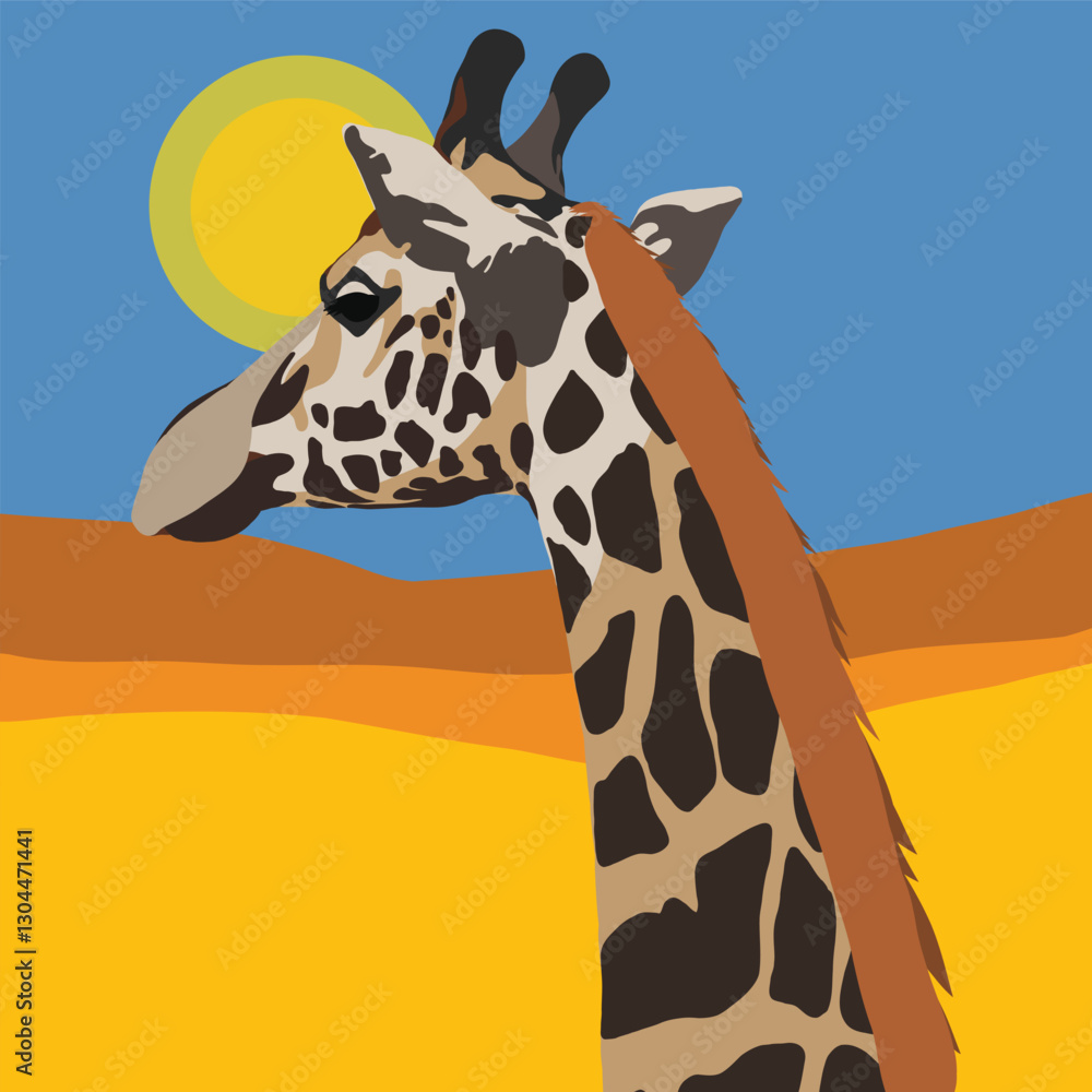 Naklejka premium Flat Style Giraffe Illustration in African Savannah with Bright Sun