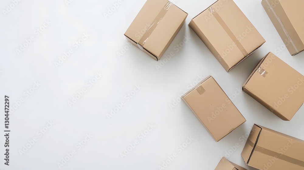 Fototapeta premium Various Brown Cardboard Boxes Arranged on Light Background Surface