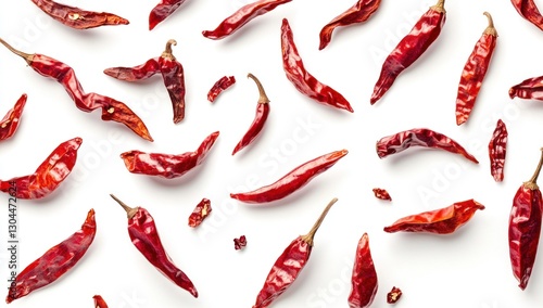 Scattered dried red chili peppers on white background. (1)
