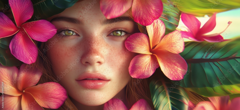 Portrait of a young woman surrounded by vibrant tropical flowers and lush green leaves, copy space for text Portrait of a young woman surrounded by vibrant tropical flowers and lush green leaves, copy space for text