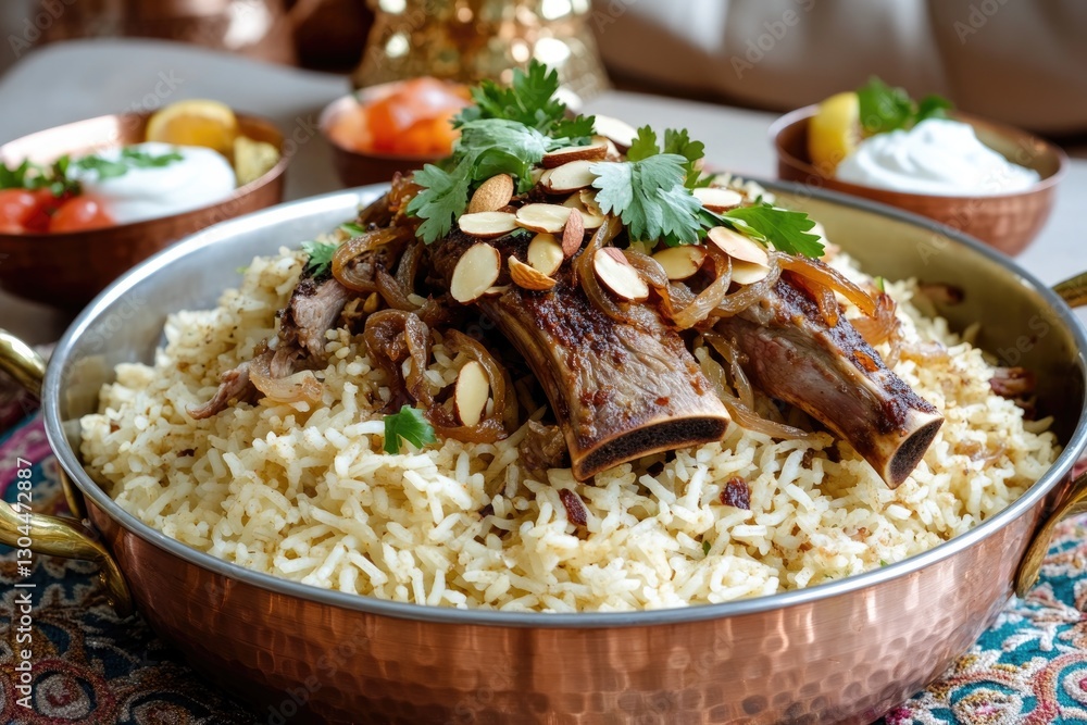 Savory dish features tender meat atop fragrant rice, garnished w Savory dish features tender meat atop fragrant rice, garnished w