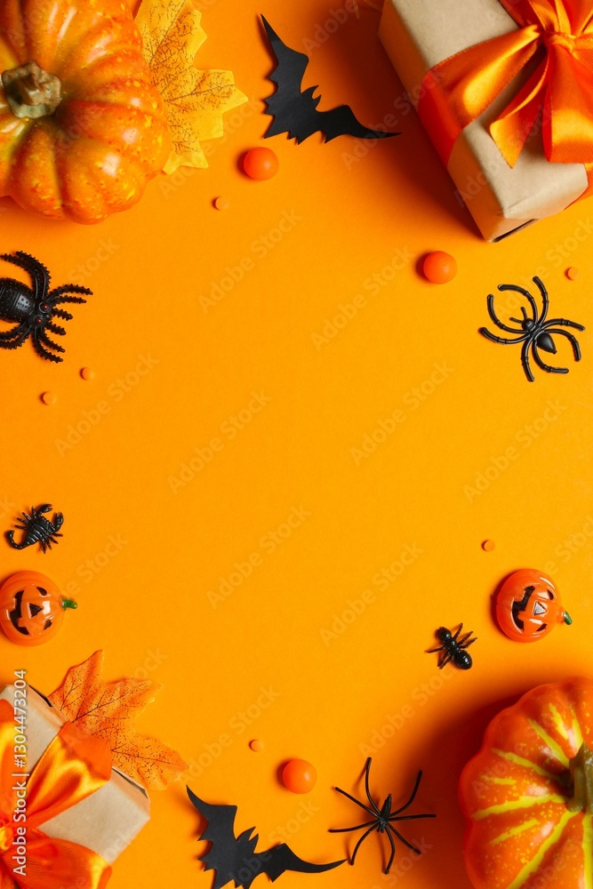 Fototapeta premium Halloween holiday decorations including gift boxes, pumpkins, spiders, bats on color background