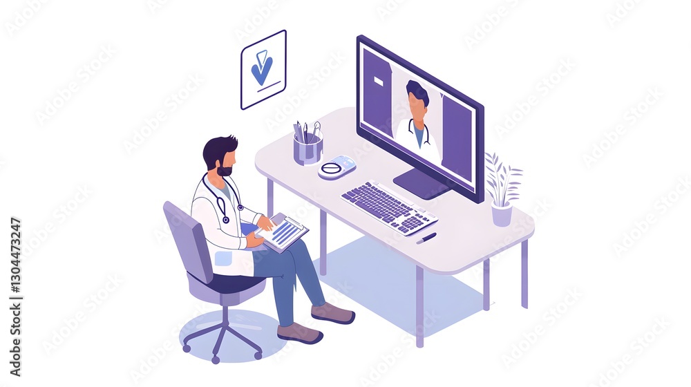 Doctor Consultation via Video Call with Patient on Computer Screen Doctor Consultation via Video Call with Patient on Computer Screen