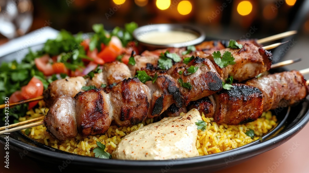 Grilled skewers served on flavorful rice with fresh vegetables a Grilled skewers served on flavorful rice with fresh vegetables a