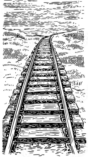 Linear perspective of railroad tracks stretching across a serene landscape under a cloudy sky in linocut style on a transparent background