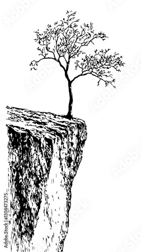 Surreal linocut illustration of a solitary tree perched on a cliff against a transparent background