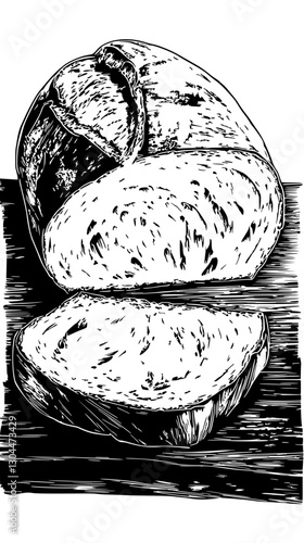 Artistic linocut illustration of freshly baked bread on a wooden board on a transparent background