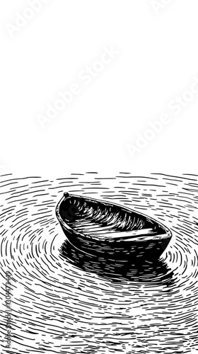 Vector illustration of a lone boat floating on rippling water in a serene setting on a transparent background