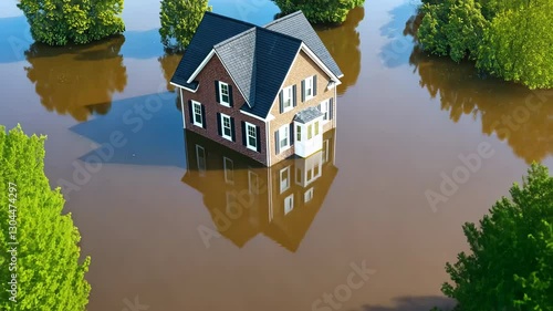 Aerial View of House Surrounded by Severe Floodwaters Reflecting Impact of Natural Disasters on Residential Areas with Submerged Trees and Dramatic Water Landscape