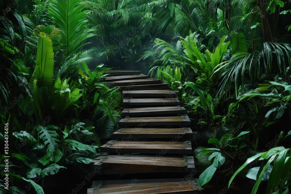 Serene Wooden Pathway Through Lush Green Jungle Vegetation Serene Wooden Pathway Through Lush Green Jungle Vegetation