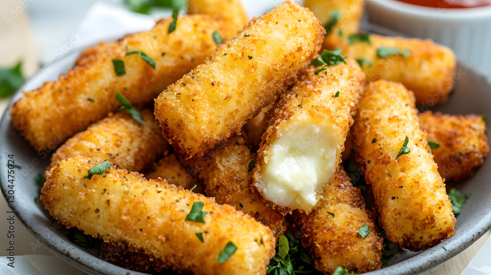 Golden mozzarella sticks with an extra spicy, crunchy coating, paired with a tangy dipping sauce for a perfect snack experience. Golden mozzarella sticks with an extra spicy, crunchy coating, paired with a tangy dipping sauce for a perfect snack experience.