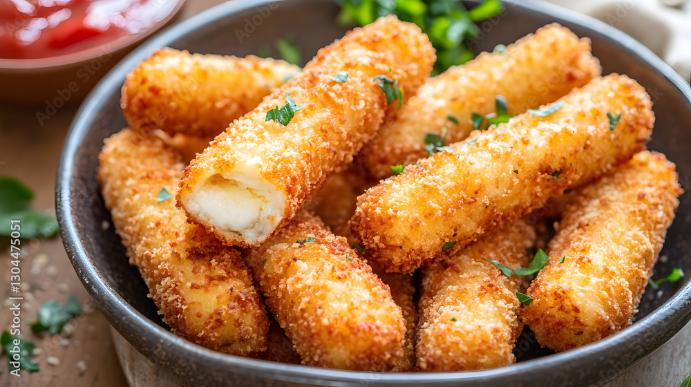 Golden mozzarella sticks with an extra spicy, crunchy coating, paired with a tangy dipping sauce for a perfect snack experience. Golden mozzarella sticks with an extra spicy, crunchy coating, paired with a tangy dipping sauce for a perfect snack experience.