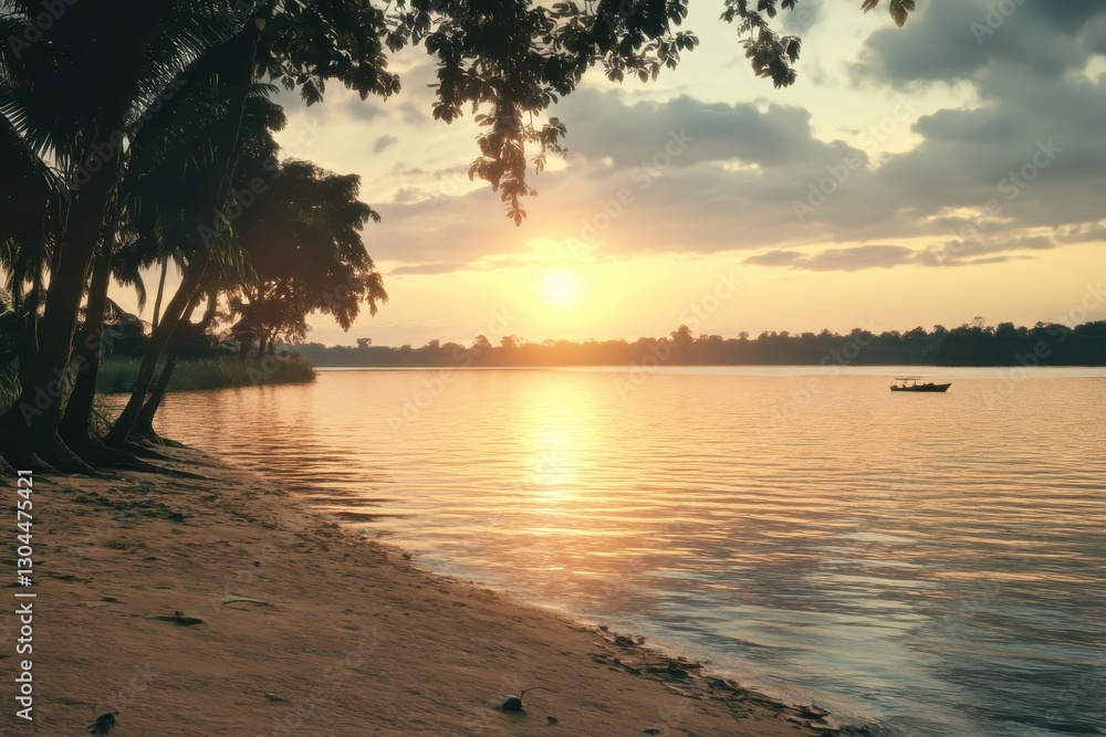Serene Sunset Over Tranquil River Surrounded by Lush Nature Serene Sunset Over Tranquil River Surrounded by Lush Nature