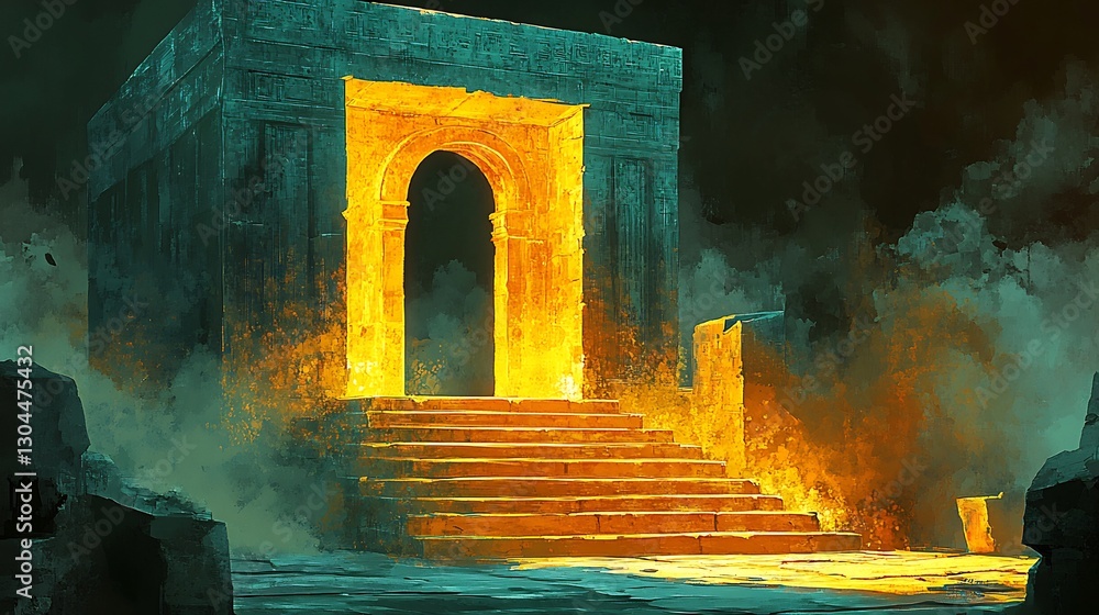 Fototapeta premium Mysterious glowing portal ancient temple dramatic light. AI Generated