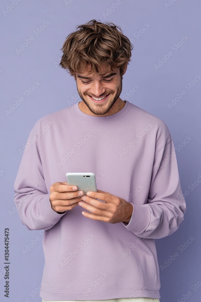 Young man in casual sweater smiles while engaging with smartphon Young man in casual sweater smiles while engaging with smartphon
