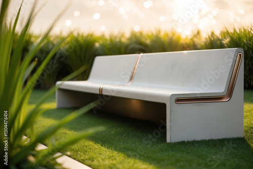 An elegant concrete bench with metal accents graces a verdant lawn on a sunny day. photo