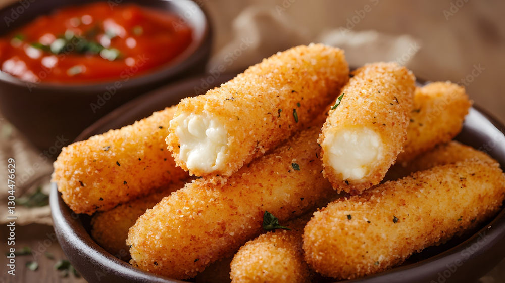 Golden mozzarella sticks served as a delicious appetizer for an Italian dinner, paired with a tangy marinara sauce to complement the cheesy flavor. Golden mozzarella sticks served as a delicious appetizer for an Italian dinner, paired with a tangy marinara sauce to complement the cheesy flavor.
