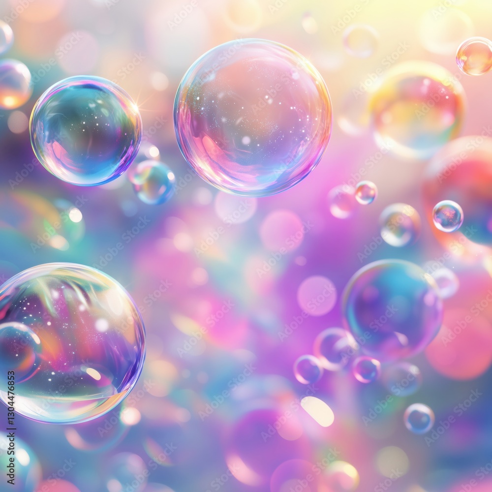 Colorful soap bubbles floating in dreamy pastel background with soft light reflections, copy space for text Colorful soap bubbles floating in dreamy pastel background with soft light reflections, copy space for text