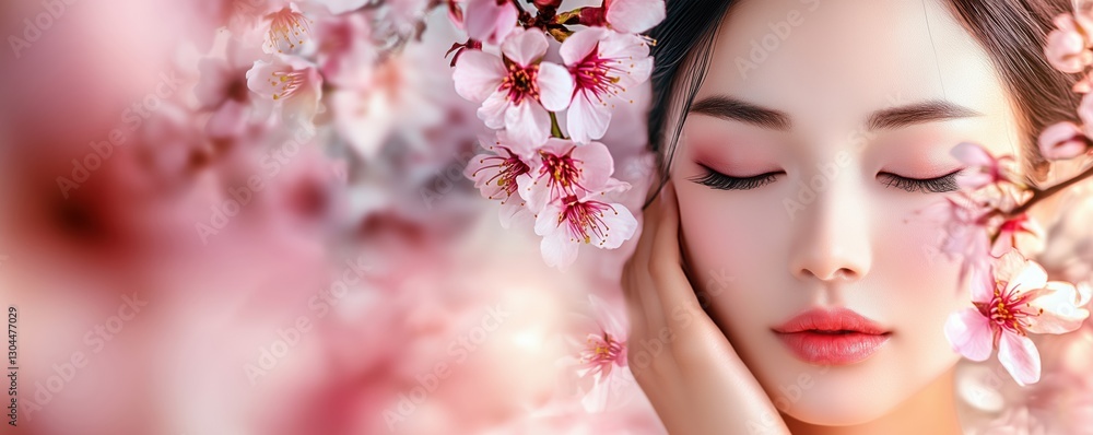 Beautiful woman with closed eyes surrounded by cherry blossoms in soft pink tones, copy space for text Beautiful woman with closed eyes surrounded by cherry blossoms in soft pink tones, copy space for text