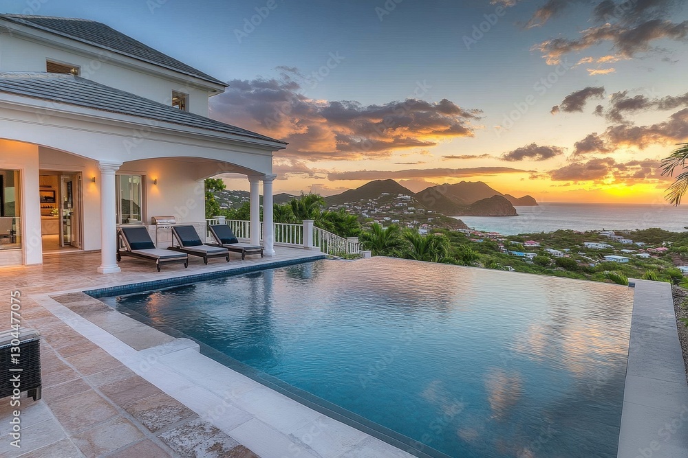 Fototapeta premium Serene Villa with Infinity Pool Overlooking Sunset Landscape