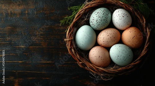 Colorful eggs in nest on wooden background photo