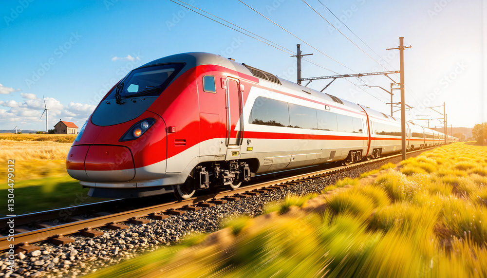 High-speed train racing through golden fields under blue sky, motion High-speed train racing through golden fields under blue sky, motion