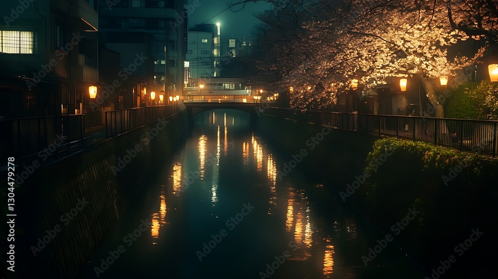 Fototapeta premium Tranquil Scene of Nakameguro’s Cherry Blossoms in Full Bloom