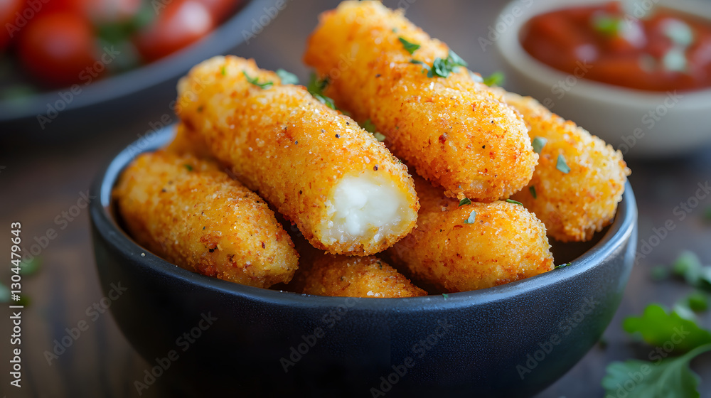 Golden mozzarella sticks with an extra spicy, crunchy coating, paired with a tangy dipping sauce for a perfect snack experience. Golden mozzarella sticks with an extra spicy, crunchy coating, paired with a tangy dipping sauce for a perfect snack experience.