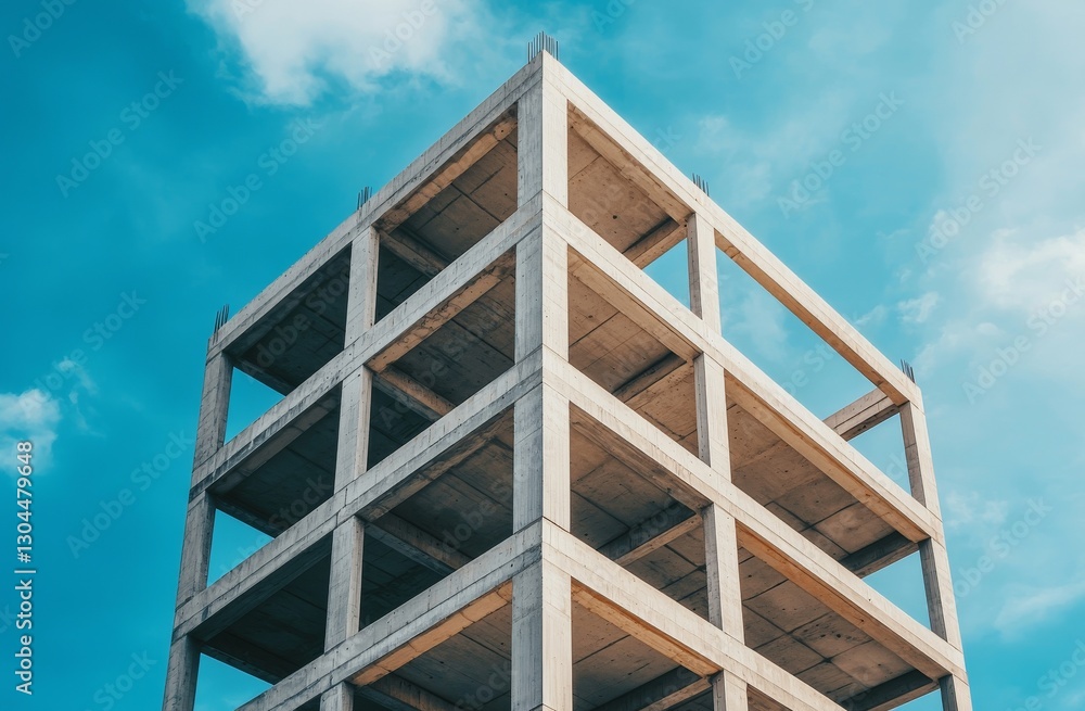 On a light background, an abstract fragment of a building constructed from concrete blocks is visible On a light background, an abstract fragment of a building constructed from concrete blocks is visible