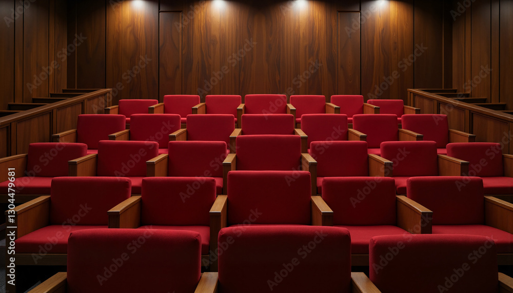 Fototapeta premium Empty jury box with plush red seats in courtroom, legal decorum