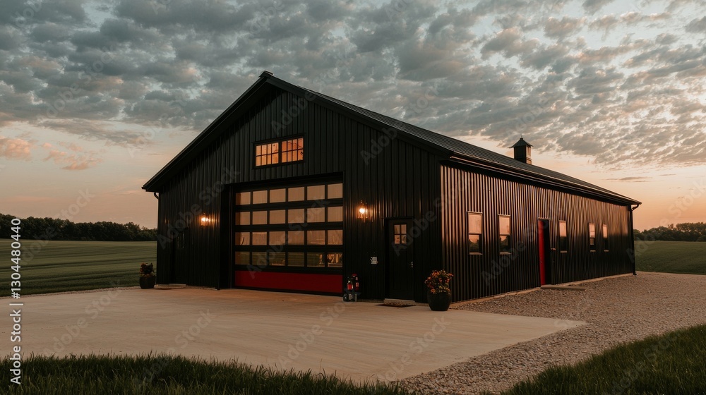 Obraz premium In stock is a small steel building characterized by its black walls