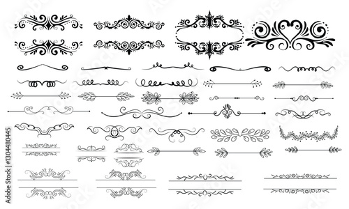 Set of vintage dividers Text dividers. Card decoration. Black lines. Swirls or scrolls, vintage frames, flourishes, labels and dividers. Retro style.