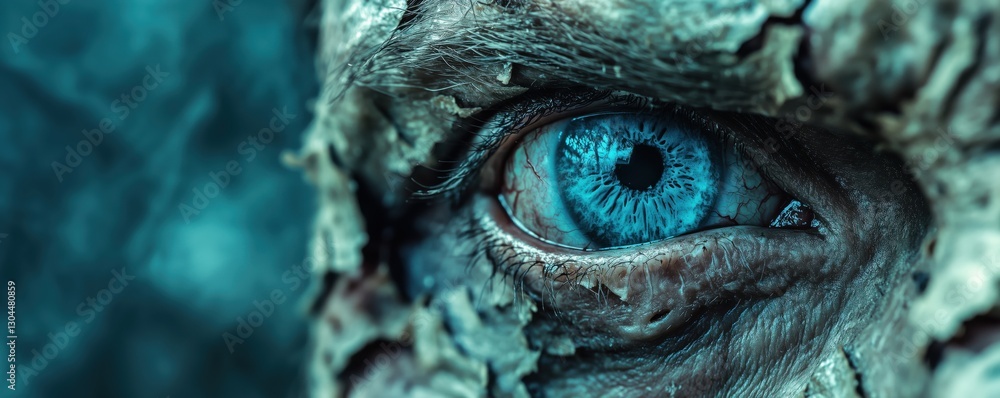 Close-up of a decaying face with striking blue eye and cracked skin texture, copy space for text Close-up of a decaying face with striking blue eye and cracked skin texture, copy space for text