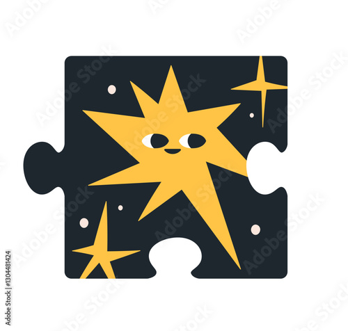 Puzzle piece with cute happy star character on night sky, in space. Starry ji...
