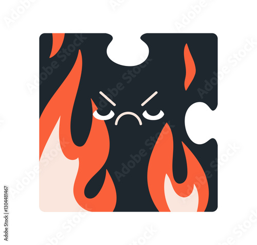 Puzzle piece, angry character in fire. Irritated furious face with anger emot...