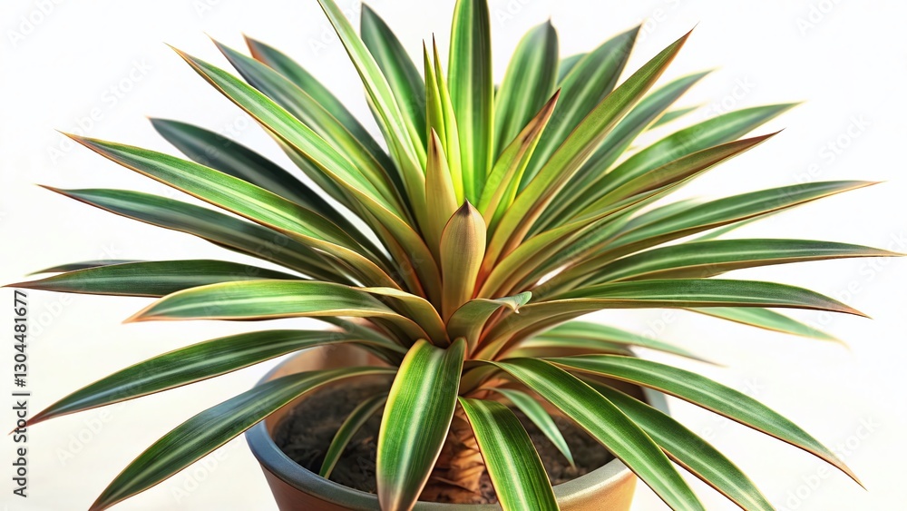 Close-up Yucca Cane Plant in Pot, Home Transplant, White Background, Drone Photography Close-up Yucca Cane Plant in Pot, Home Transplant, White Background, Drone Photography