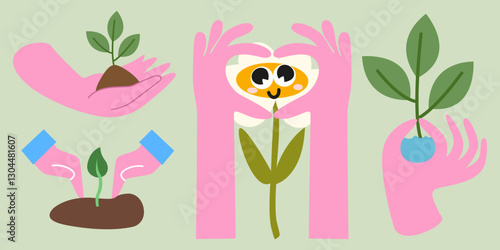 Eco retro stickers set. Happy Earth Day. Caring for nature. Ecology and environment conservation. Grow plants, botanical cultivation, green foliage