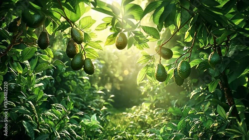 Lush avocado orchard, sunlight filtering through foliage, ripe fruit, farming