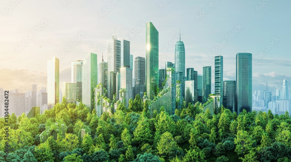 Obraz premium The cityscape features tall glass structures and abundant green trees, all enveloped by a thriving forest