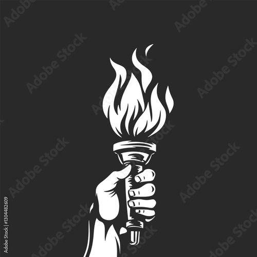 Black and white silhouette of a hand holding a flaming torch symbolizing power strength freedom and leadership perfect for stock illustrations branding and design.