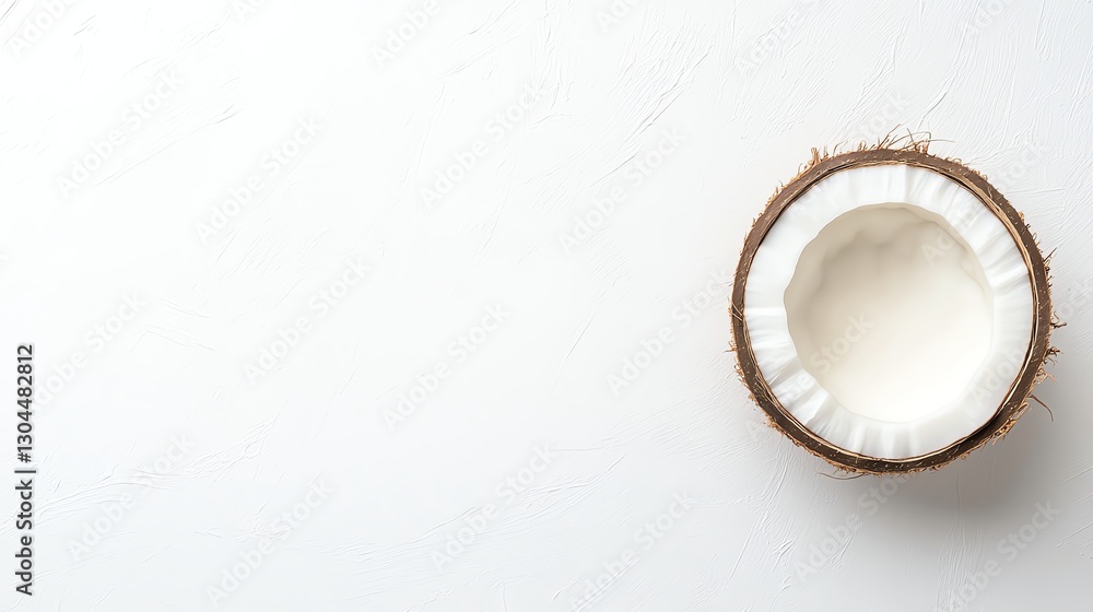 Half coconut with white flesh on a clean white background, minimalistic food concept. Half coconut with white flesh on a clean white background, minimalistic food concept.