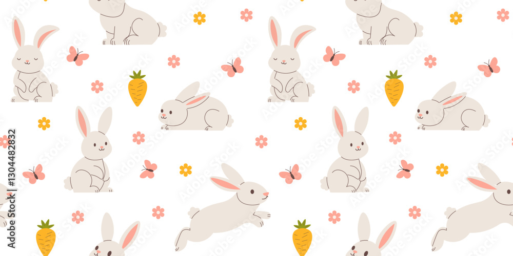 Fototapeta premium Seamless background with cute bunnies, Easter Rabbits, spring flowers and butterflies. vector illustration.