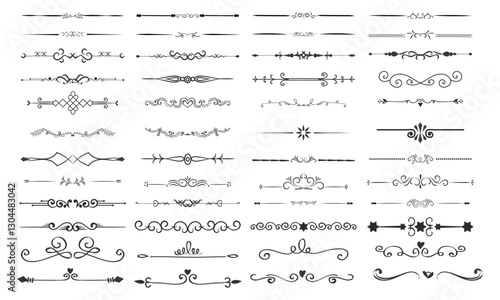 Super big collection of hand drawn text dividers. Vector calligraphic lines, vintage borders and wedding laurels. Vector isolated flourish ink elements