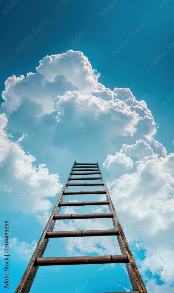 Wooden ladder extending into bright blue sky with fluffy clouds Wooden ladder extending into bright blue sky with fluffy clouds