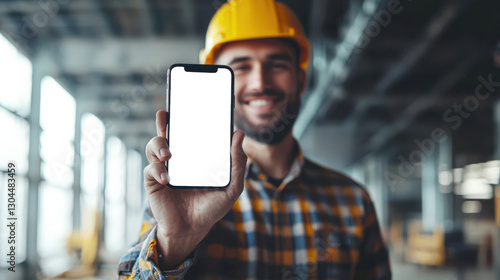 Life insurance. A happy construction worker holds a cell phone with a white screen in his hand and smiles against the background of the construction site. Phone mockup