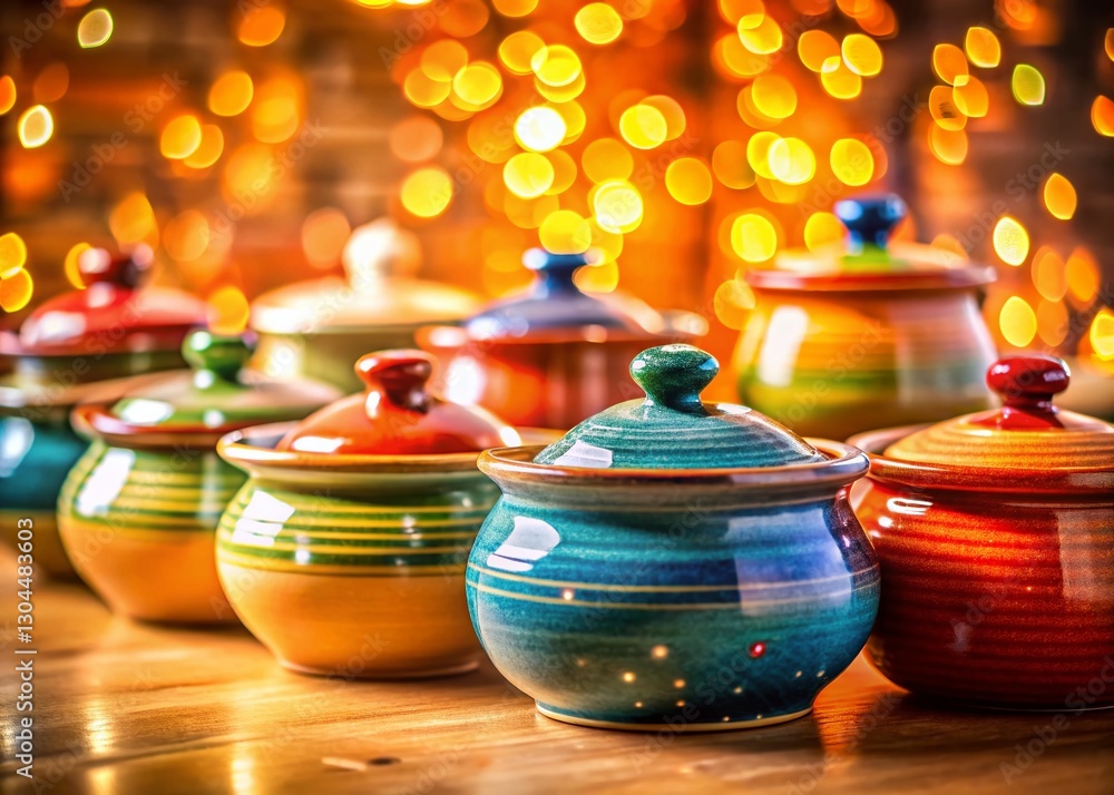 Colorful Ceramic Pots on Stovetop Display - Bokeh Background Stock Photo Colorful Ceramic Pots on Stovetop Display - Bokeh Background Stock Photo