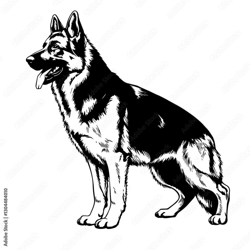 black and white vector drawing of a German Shepherd dog in full length, in profile, with its tongue sticking out, demonstrating its strength and alertness black and white vector drawing of a German Shepherd dog in full length, in profile, with its tongue sticking out, demonstrating its strength and alertness