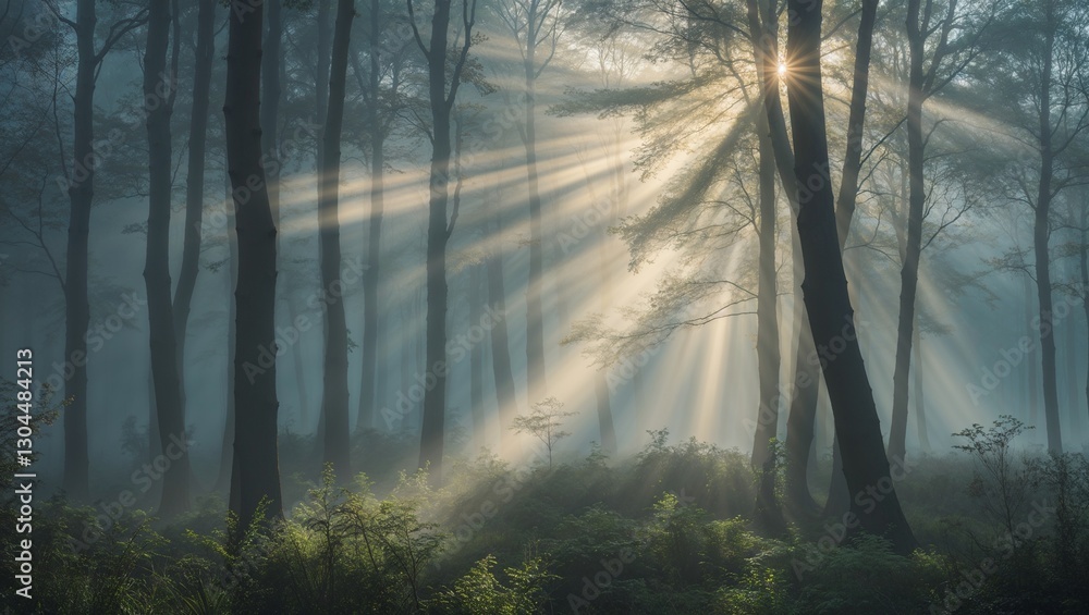 Obraz premium 静寂の森に差し込む光のカーテン