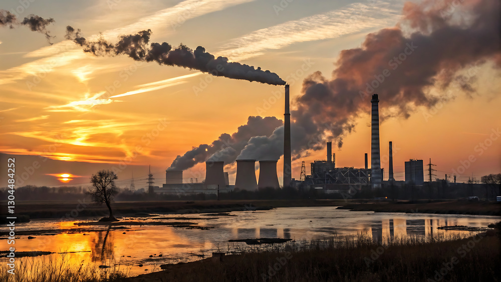 Fototapeta premium Industrial Factory Emitting Thick Smoke from Chimneys at Sunset, Depicting Air Pollution, Environmental Damage, and the Impact of Industrialization on Nature