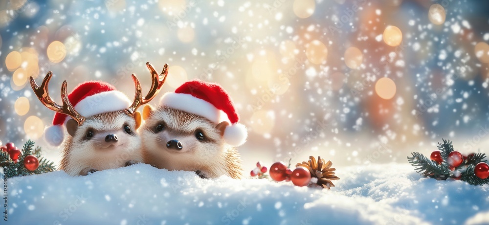 Adorable hedgehogs in Christmas hats with festive decorations in snowy landscape, copy space for text Adorable hedgehogs in Christmas hats with festive decorations in snowy landscape, copy space for text
